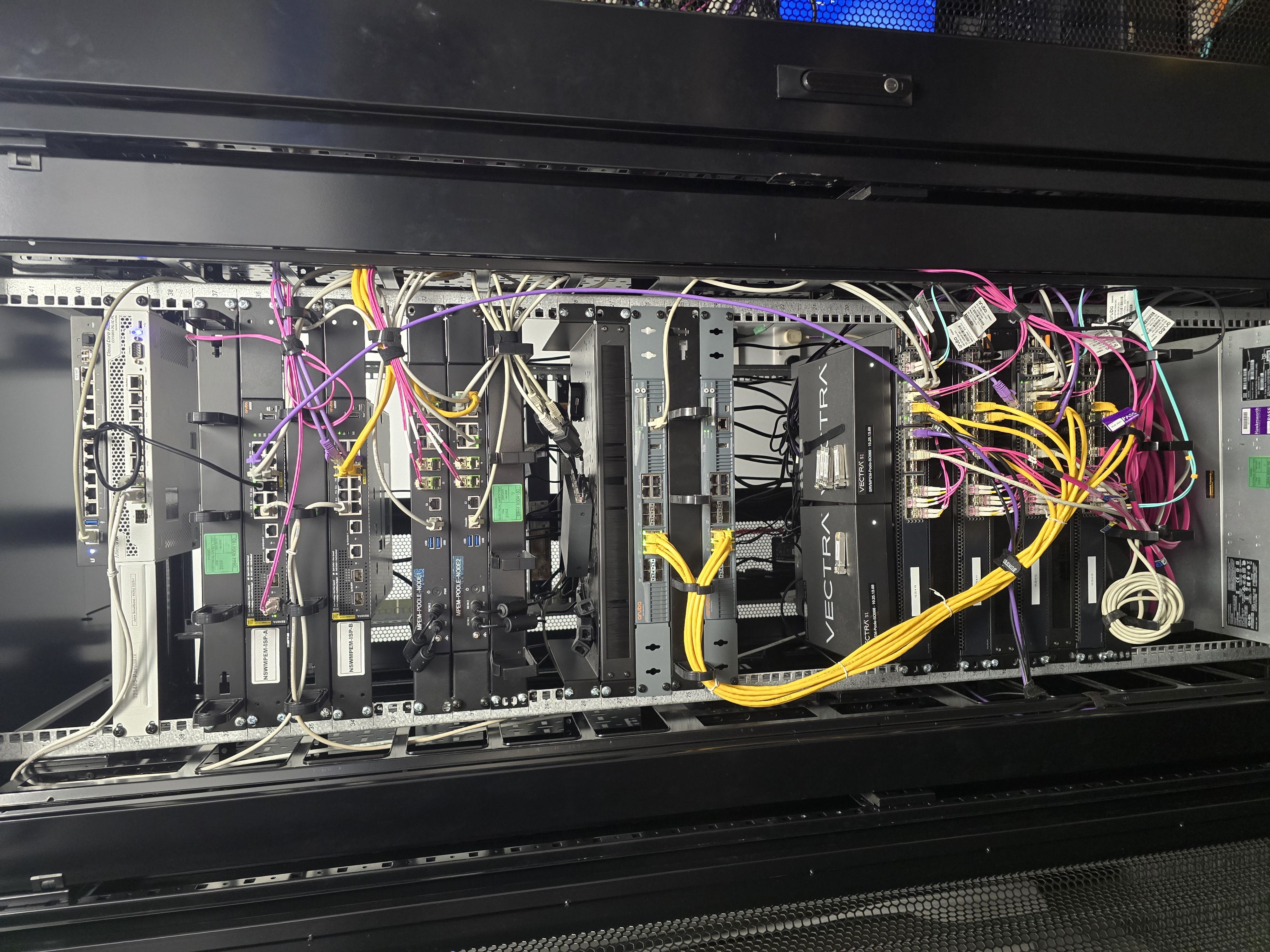 Fully commissioned server room — two racks, complete infrastructure